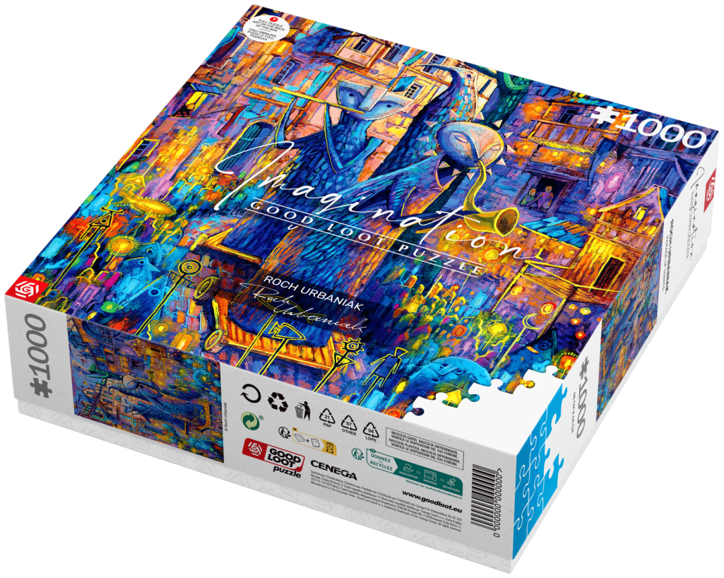 "Puzzle z obrazem Rocha Urbaniaka ""Parada Olbrzymów"", 1000 elementów.  Roch Urbaniak to krakowski malarz, autor książek dla dzieci i komiksów. W swojej sztuce inspiruje się mitami, baśniami ale też popkulturą, z grami komputerowymi na czele. Bo inspiracje i wspaniałe opowieści można znaleźć wszędzie, a właśnie opowieści są tym, co chce przekazywać swoją sztuką. Z malarstwa korzysta też w innych formach wypowiedzi, tworząc komiksy, czy używając obrazów jako ilustracji w swoich książkach z serii ""Papiernik"".  Cechy puzzli: •	Kolekcja puzzli z ilustracjami polskich i światowych artystów •	Wysokiej jakości wykonanie bazujące na najnowszych technologiach druku •	Perfekcyjne dopasowanie elementów •	Efektowna, nasycona kolorystyka •	Odporne na zginanie •	Uszlachetnione efektem płótna puzzle, redukują odbijanie światła •	Renomowany producent puzzli z UE •	Rozmiar po złożeniu: 48x68 cm  •	Liczba elementów: 1000"